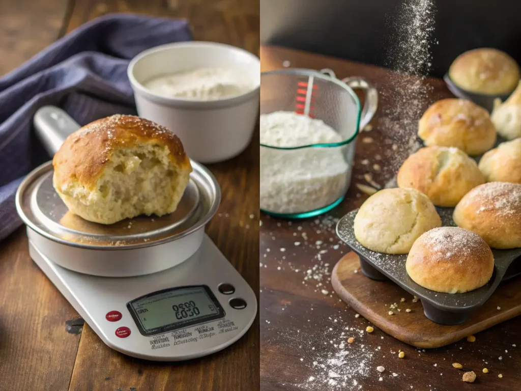 Comparison of dry crumbly gluten-free rolls versus perfectly moist hydrated gluten-free dinner rolls with baking tools.