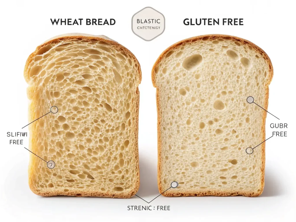 a split-screen comparison image showing wheat bread crumb structure on left versus gluten-free bread crumb on right