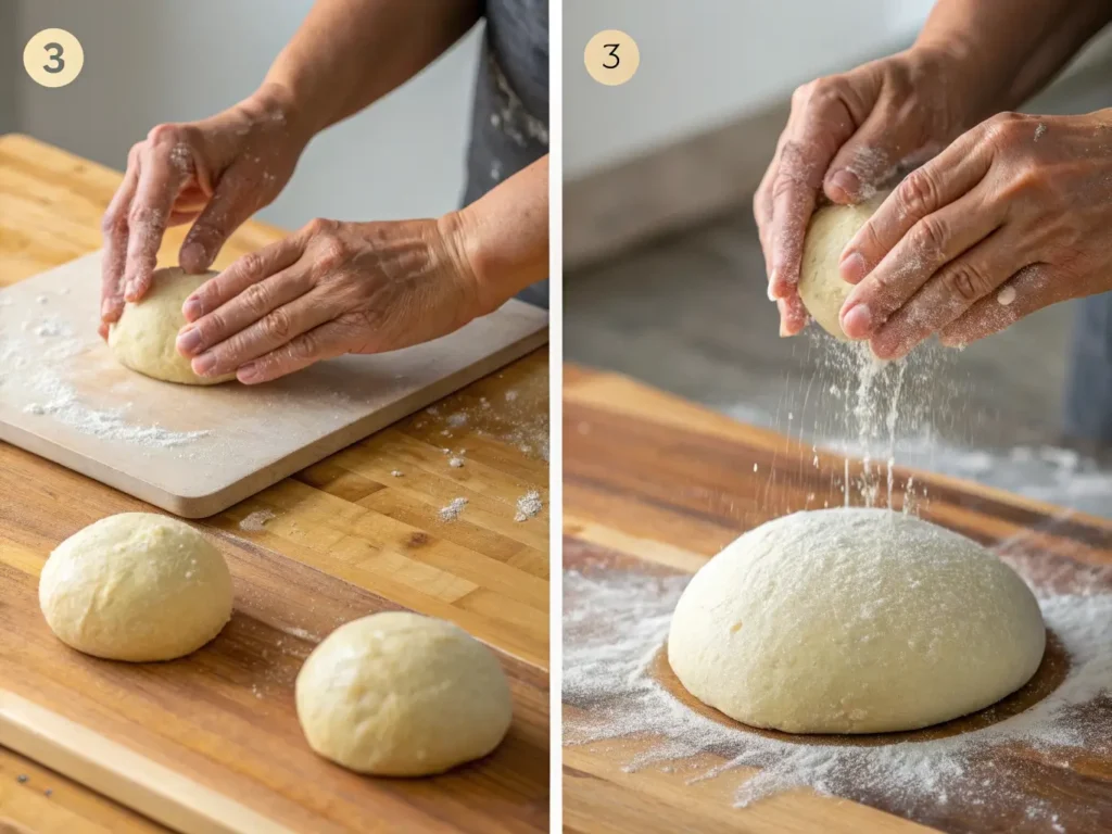a step-by-step sequence of hands shaping gluten-free dough using wet hands technique.