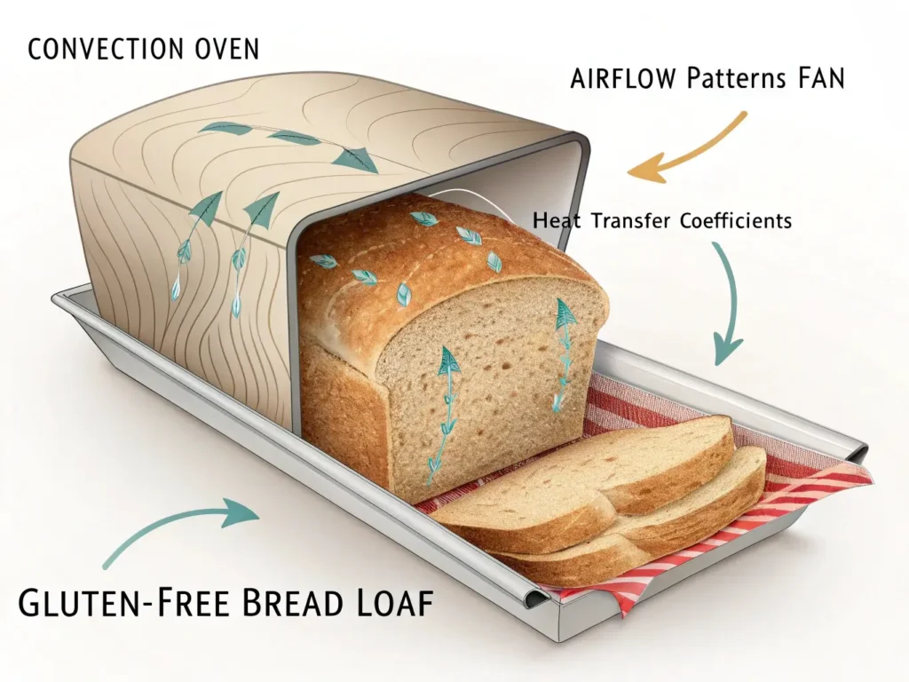 Technical cutaway diagram of convection oven airflow patterns showing fan placement and air circulation around gluten-free bread for optimal heat transfer