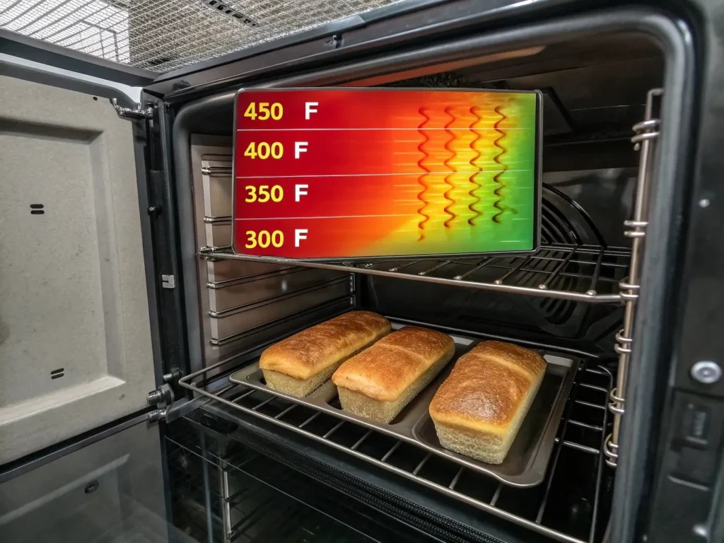 Thermal mapping diagram showing oven heat distribution patterns with color-coded temperature zones and optimal bread placement positions for even baking