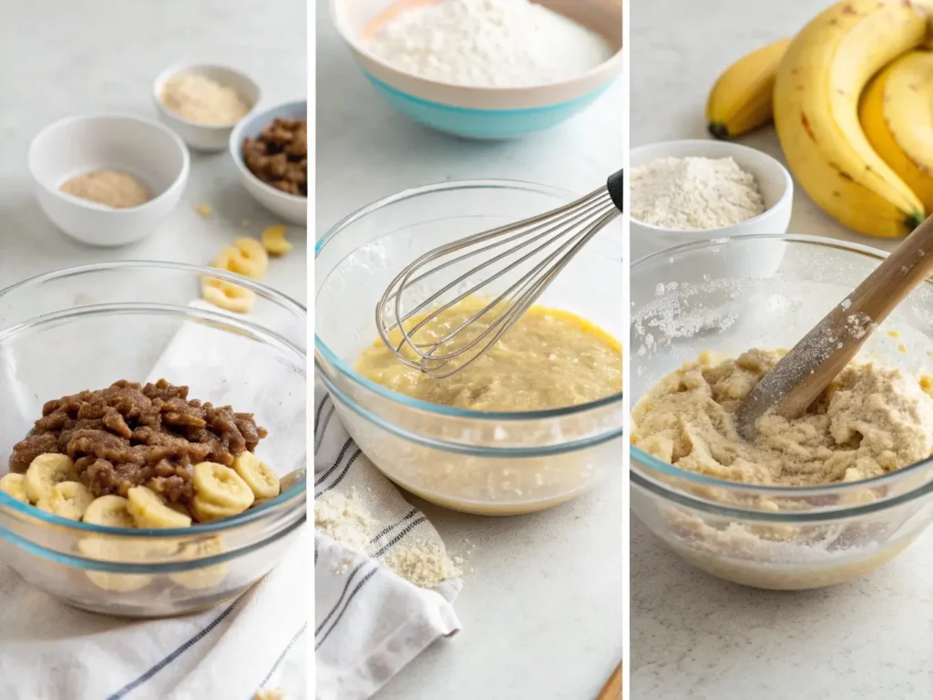 Three-step mixing process for gluten-free banana bread showing dry ingredients, wet mixture, and gentle folding technique