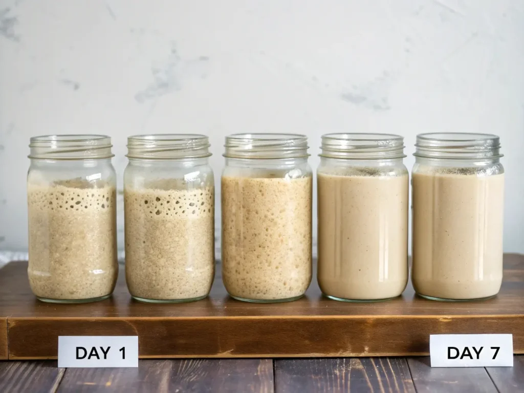 a time-lapse style image showing gluten-free sourdough starter development over 7 days: 7 glass jars in a row showing progression from initial flour-water mixture to bubbling, active starter. Natural progression documentation.
