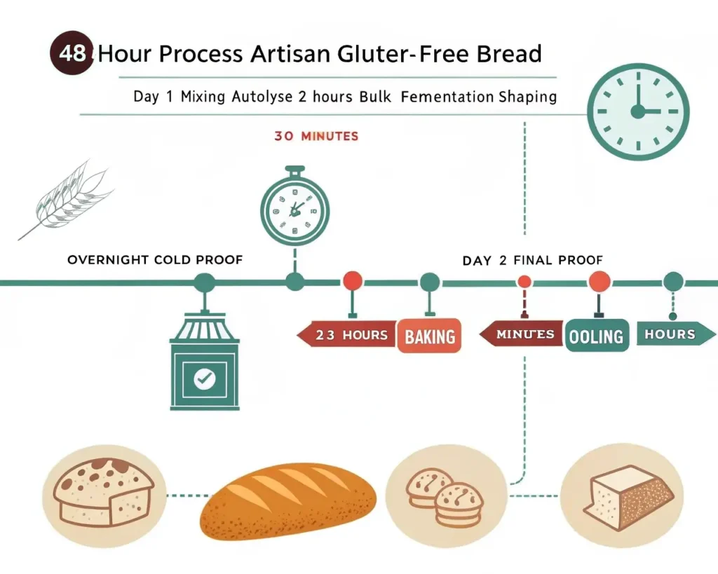 timeline infographic showing the 48-hour artisan gluten-free bread process: Day 1 - mixing and autolyse (2 hours), bulk fermentation (4-6 hours), shaping (30 min), overnight cold proof. Day 2 - final proof (2-3 hours), baking (45 min), cooling (2 hours).