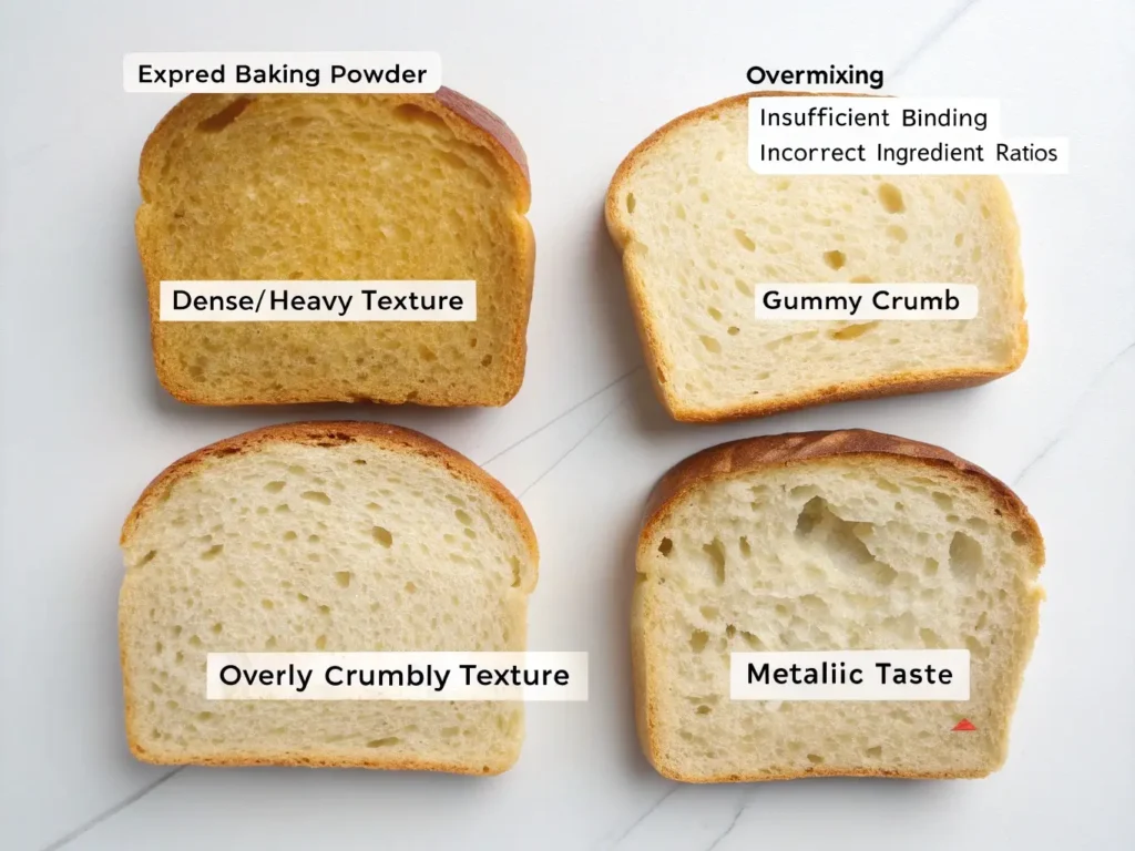 Visual troubleshooting guide for yeast-free gluten-free bread problems: dense texture from expired leavening, gummy crumb from overmixing, crumbly texture from insufficient binding, and off-flavors from incorrect ratios