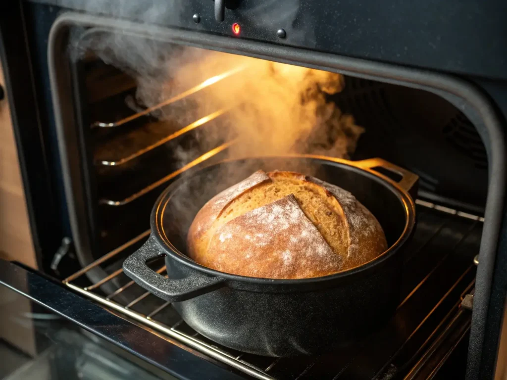 a view of a preheated Dutch oven with a golden-brown gluten-free sourdough loaf inside, visible steam wisps rising around the bread.