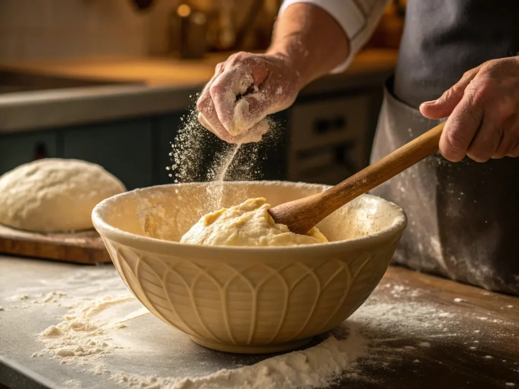 An action shot of hands using wooden spoon to mix gluten-free dough in large ceramic bowl. Show vigorous mixing motion with dough clinging to spoon, flour dusted on counter to demonstrate mixing methods.