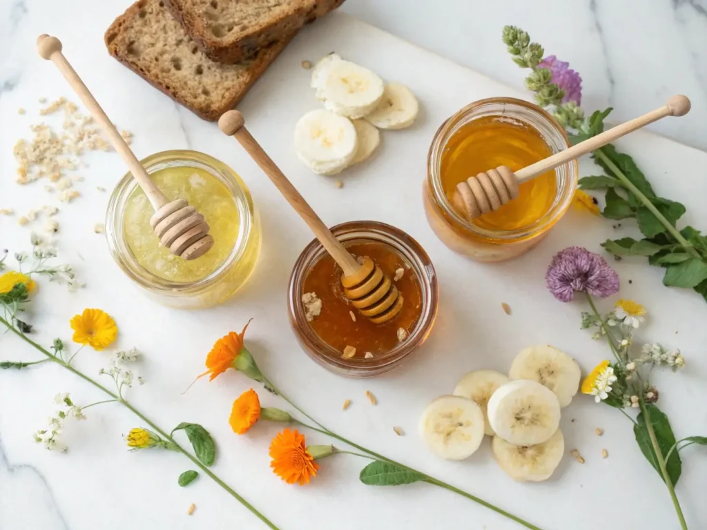 Various honey types in glass jars with wooden dippers, showcasing different flavors for banana bread baking.