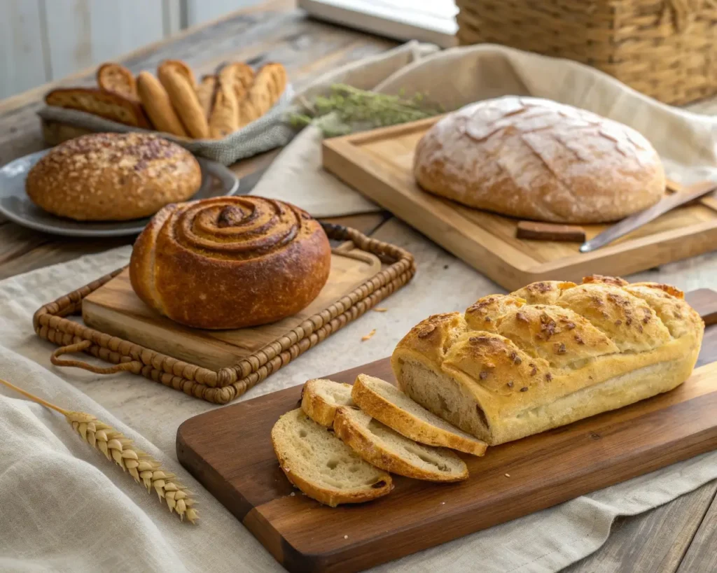 Elegant display of various artisan gluten-free breads including rustic boule, sandwich loaf, baguette, focaccia, and cinnamon rolls arranged on wooden boards with linen.