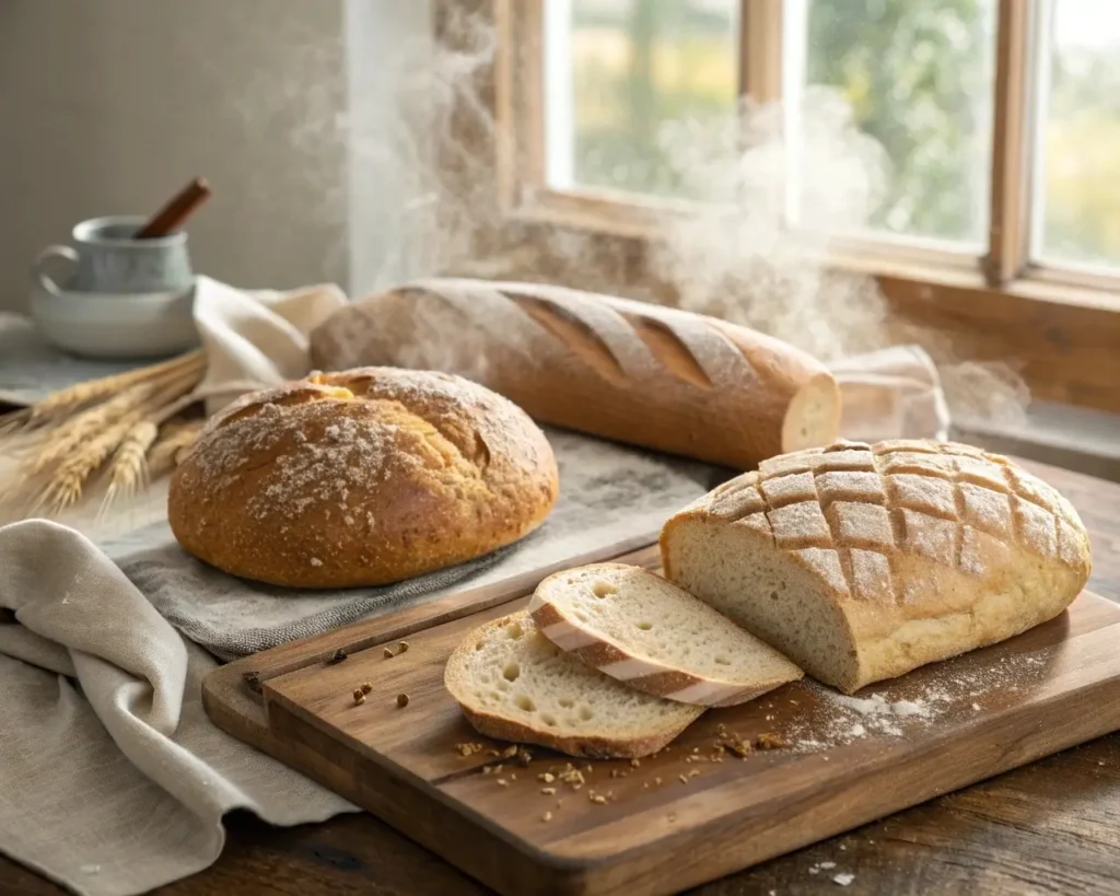 an artisan gluten-free bread loaves on rustic wooden cutting board