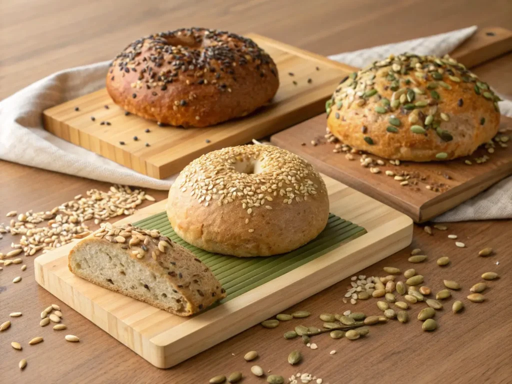 an artisanal display of 3-4 different seeded gluten-free breads: sunflower seed topped boule, everything bagel seasoned batard, pumpkin seed studded round loaf, and mixed grain bread with visible quinoa and mille.
