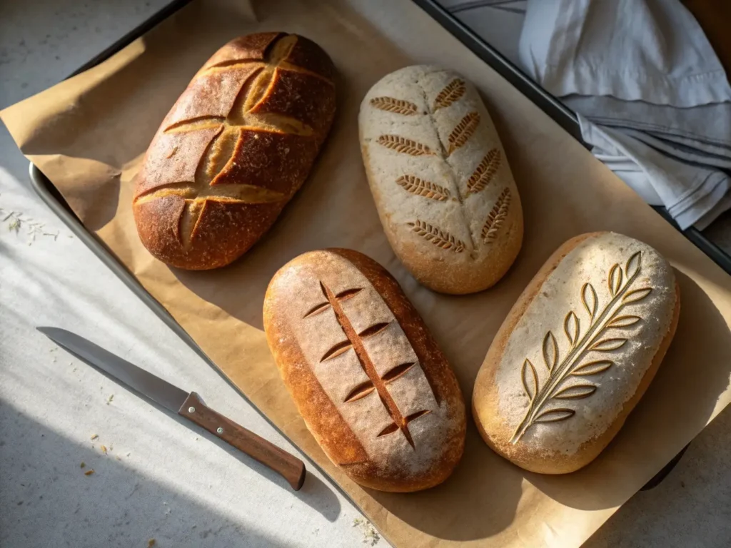 an artistic arrangement of 4-5 shaped gluten-free loaves showing different scoring patterns: simple cross, wheat stalk design, diagonal slashes, decorative leaf pattern, and classic single slash.