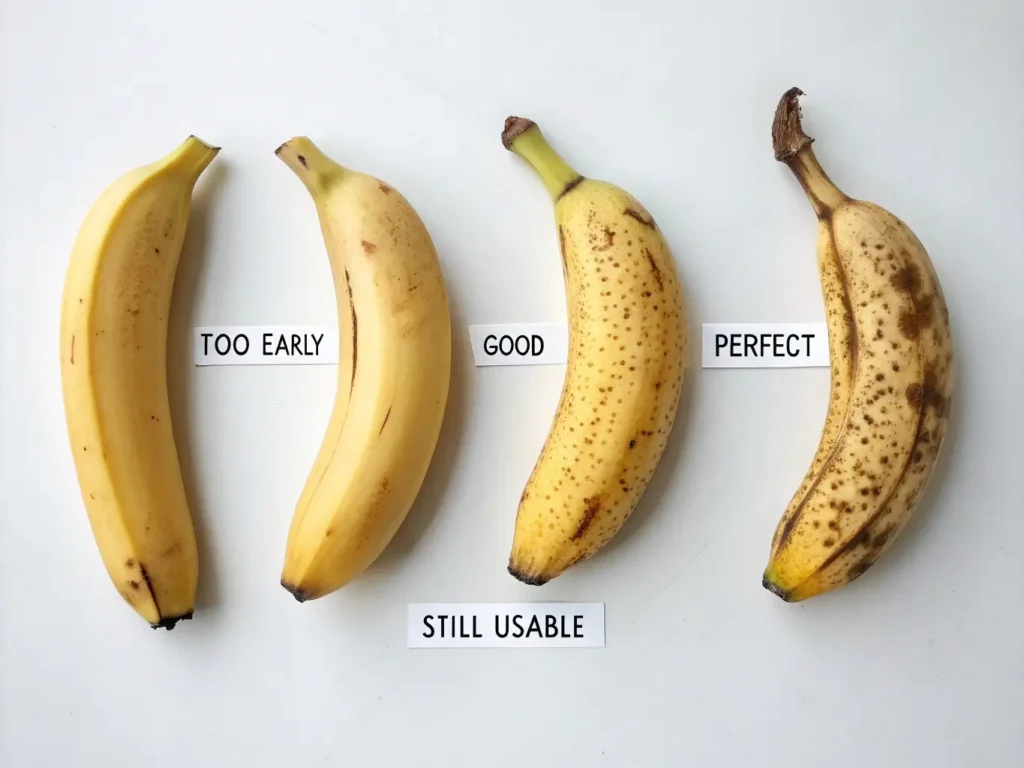 Banana ripeness guide showing progression from yellow to brown-spotted bananas ideal for gluten-free banana bread