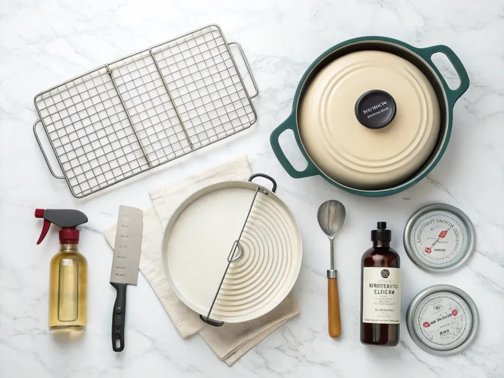 essential gluten-free sourdough baking equipment on a white marble countertop.
