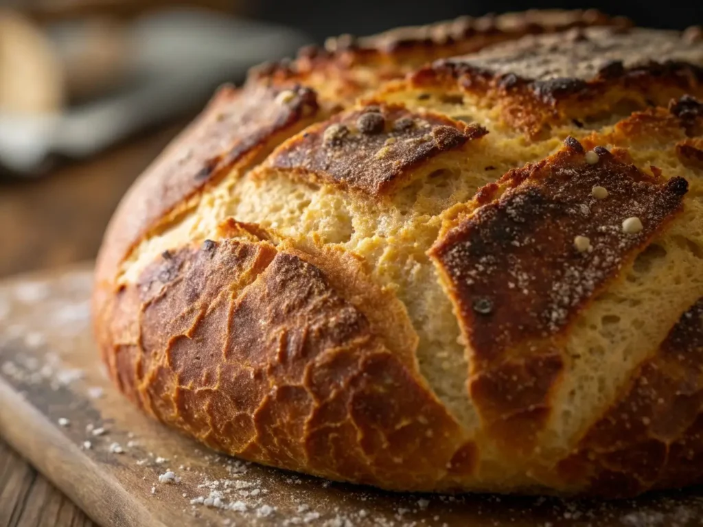 close-up of perfect artisan gluten-free bread crust showing deep golden-brown color, crackling texture with small bubbles and caramelized ridges where scoring opened.