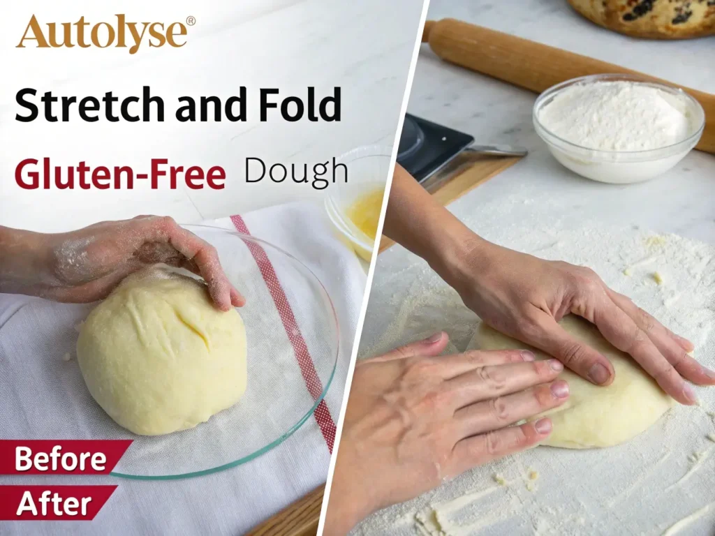 Step-by-step illustrations of autolyse and stretch and fold techniques for gluten-free dough.