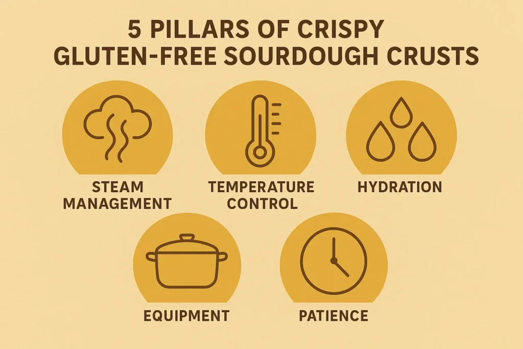 a modern infographic illustration showing the 5 pillars of crispy gluten-free sourdough crusts.