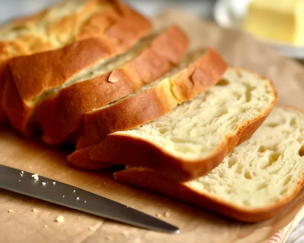 Freshly baked gluten-free bread made in a bread machine with ingredients displayed.