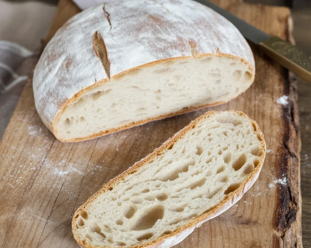 Freshly baked rustic gluten-free boule with a golden crust and soft interior.