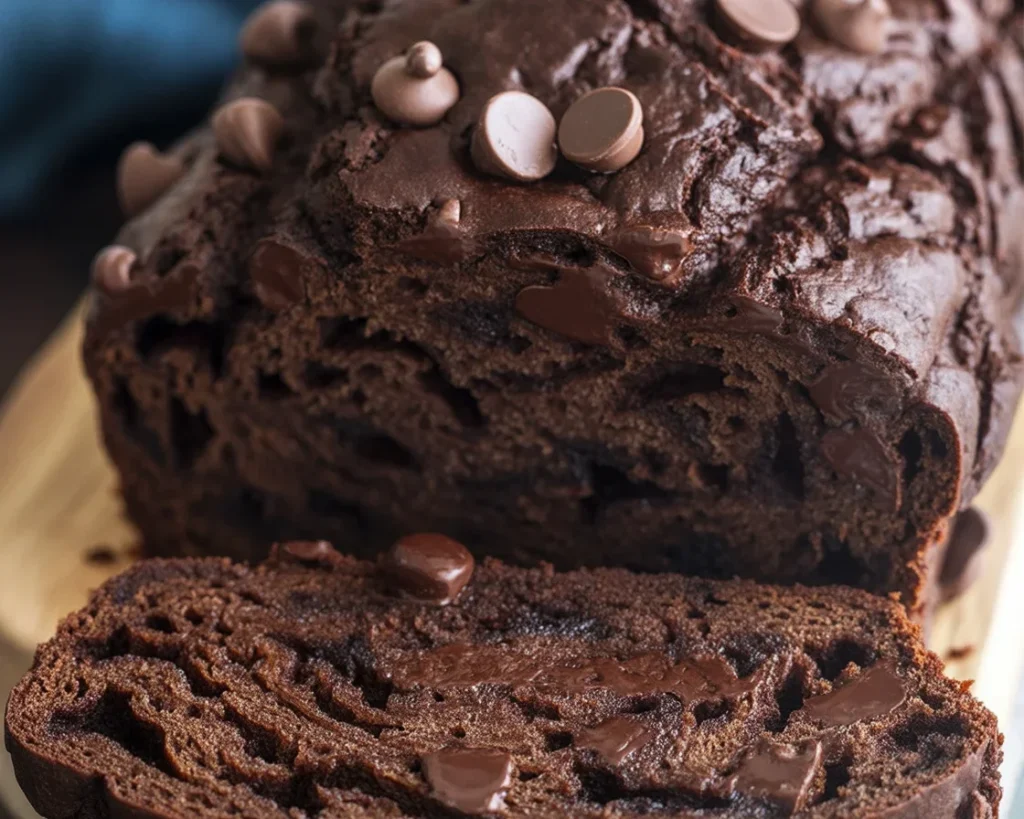 Sliced chocolate sweet gluten-free bread topped with chocolate chips on a wooden board