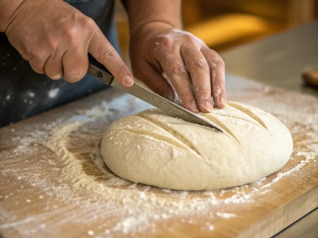 Close-up macro photography of hands using a sharp lame to score a shaped gluten-free sourdough loaf. Show the precise 30-45 degree angle cut creating a clean slash across the dough surface.