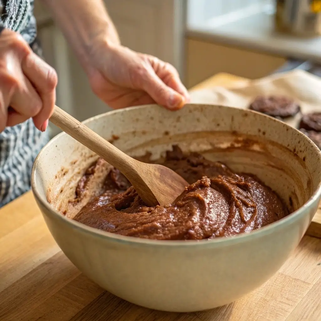 Close-up of hands using wooden spoon to mix thick gluten-free bread batter in large ceramic bowl