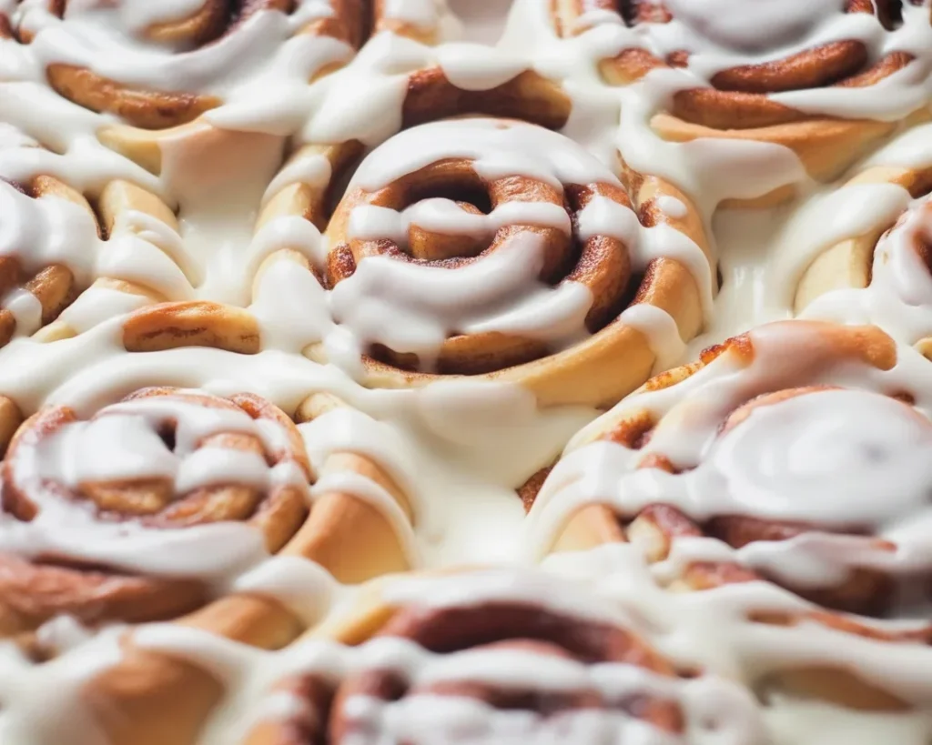 Delicious gluten-free sourdough cinnamon rolls topped with cream cheese frosting.