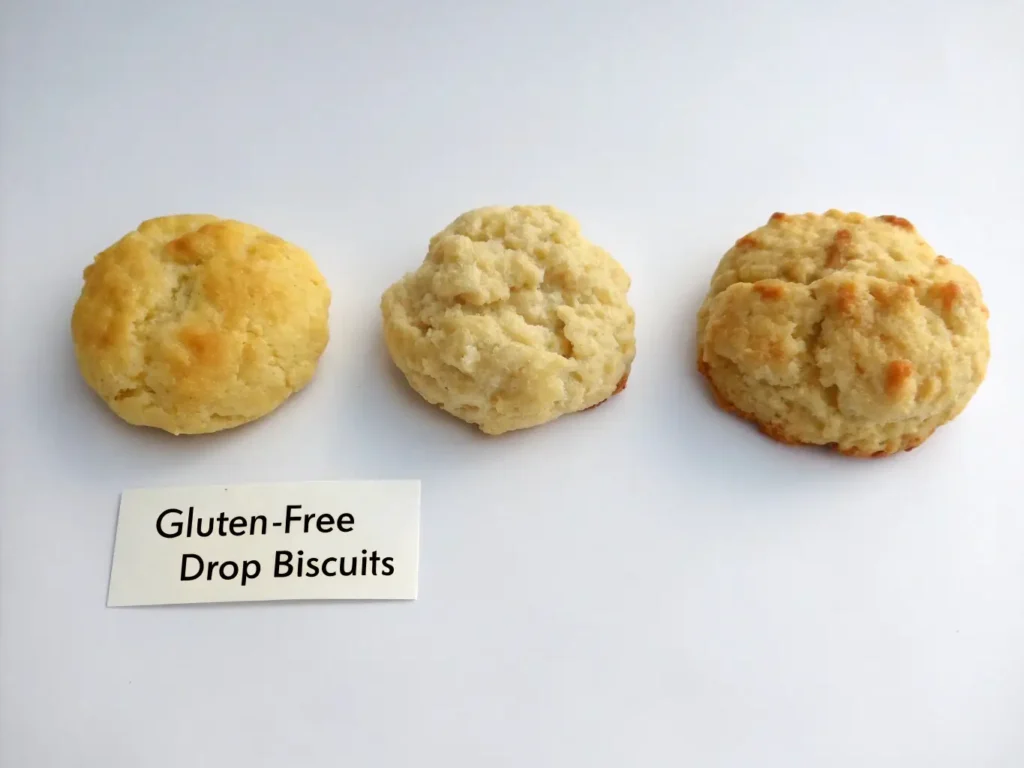 Comparison of gluten-free drop biscuits showing perfect result versus common baking mistakes for troubleshooting