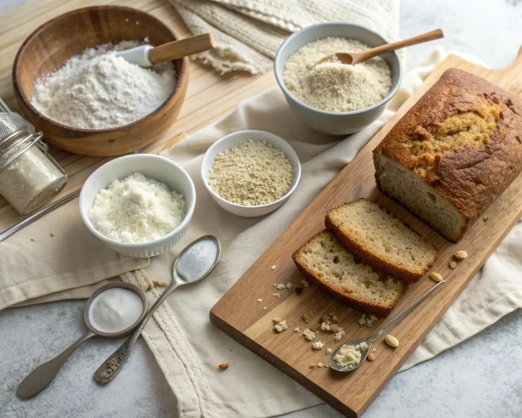 Flat lay showcasing ingredients for gluten-free flour blends and baking tools on a rustic kitchen counter. Labeled bowls of brown rice flour, white rice flour, sorghum flour, potato starch, tapioca starch, almond flour, coconut flour, and measuring spoons are visible. A wooden cutting board displays freshly baked sliced gluten-free bread with a light linen napkin