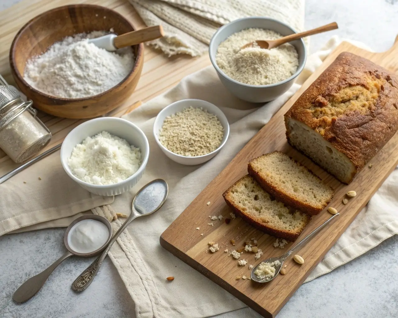 Flat lay showcasing ingredients for gluten-free flour blends and baking tools on a rustic kitchen counter. Labeled bowls of brown rice flour, white rice flour, sorghum flour, potato starch, tapioca starch, almond flour, coconut flour, and measuring spoons are visible. A wooden cutting board displays freshly baked sliced gluten-free bread with a light linen napkin