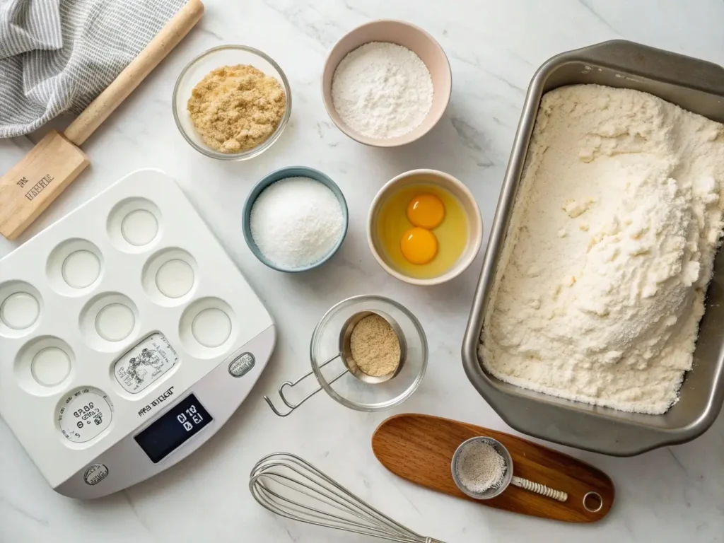 flat lay arrangement of essential gluten free bread baking tools