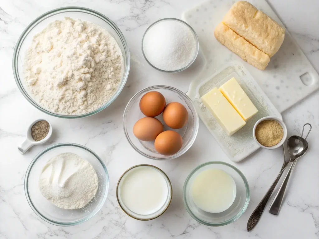 Essential ingredients for gluten-free bread machine dinner rolls including rice flour, xanthan gum, eggs, and yeast arranged on marble surface