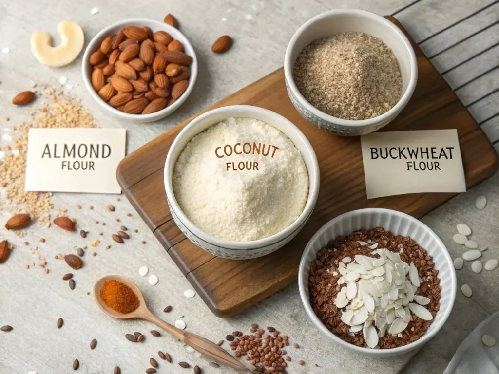 A flat lay of specialty gluten-free flours like almond, coconut, buckwheat, and amaranth flour in rustic bowls on a wood surface