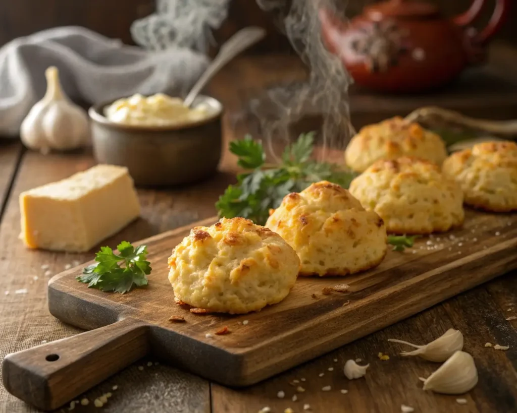 Golden-brown gluten-free cheesy garlic drop biscuits on wooden cutting board with visible melted cheese and fresh parsley garnish