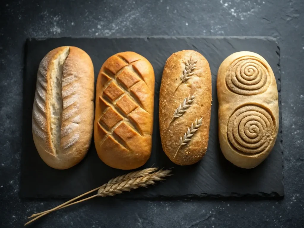 Four different gluten-free bread loaves showing various scoring patterns
