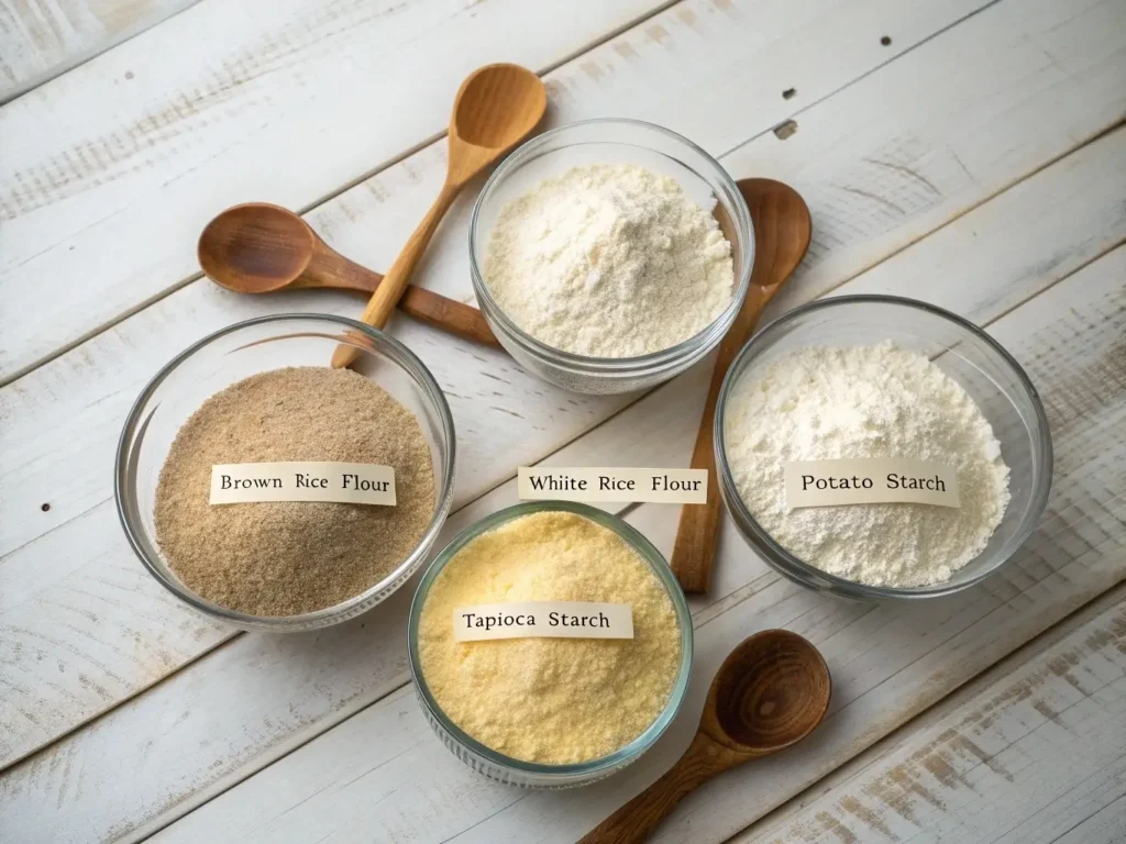Four glass bowls arranged in a square pattern, each containing different gluten-free flours: brown rice flour, white rice flour, potato starch, tapioca starch