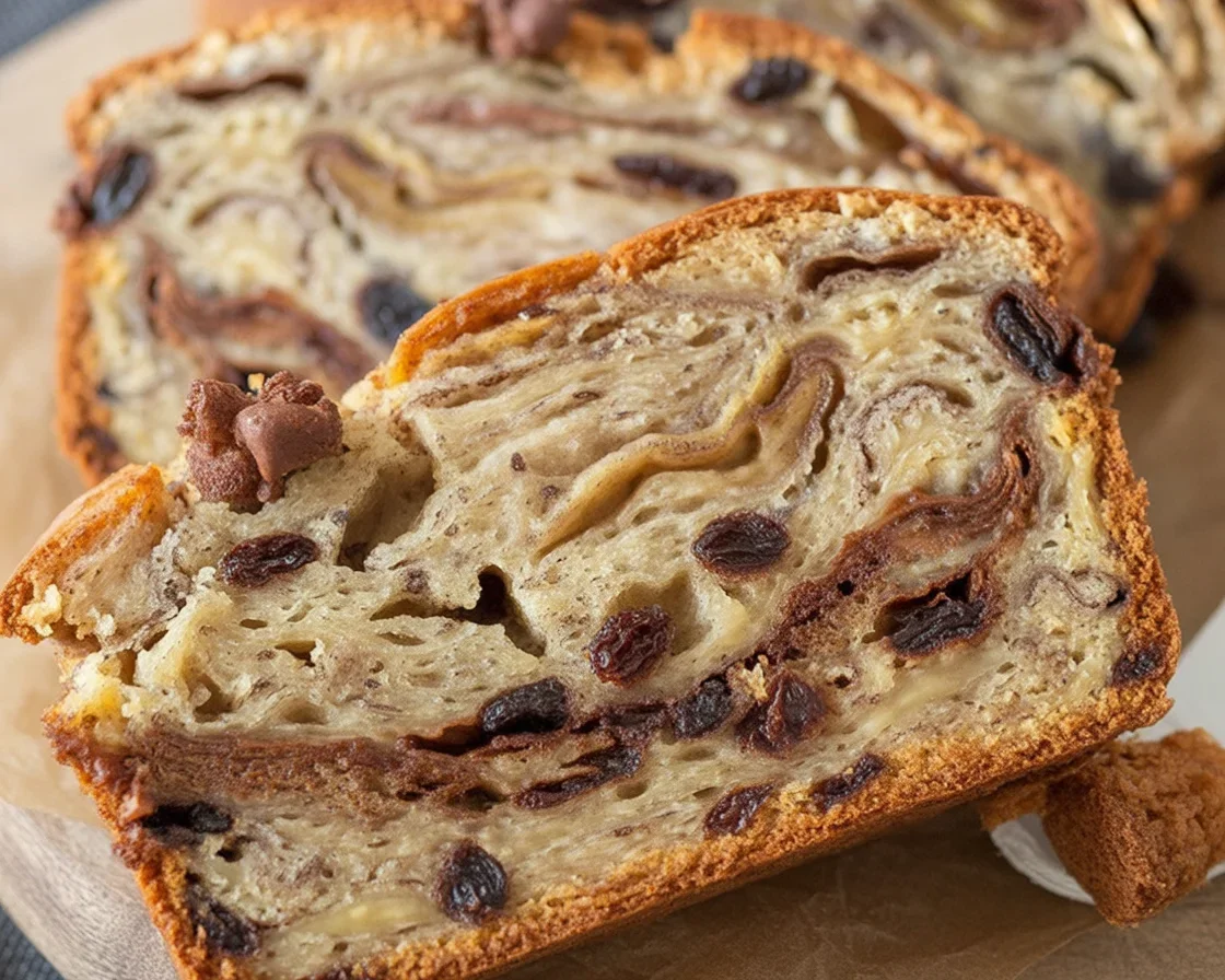 Slice of gluten-free cinnamon raisin bread yeast-free, showcasing texture and ingredients.