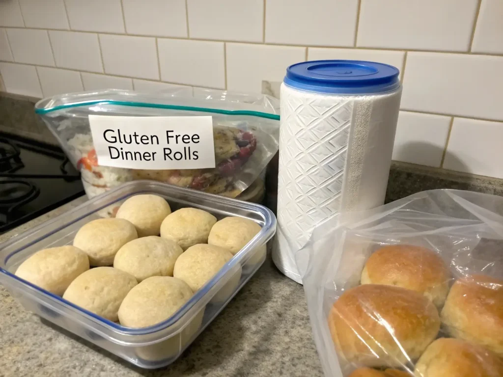 Proper storage methods for gluten-free dinner rolls showing freezer bags, containers, and reheating preparation