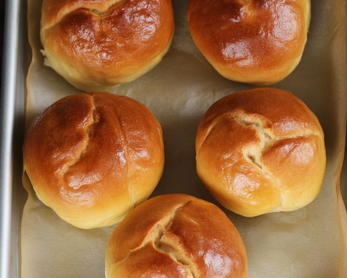 Golden-brown gluten-free sweet potato dinner rolls arranged in a round baking pan, showing their beautifully risen, pillowy texture and warm orange-golden color