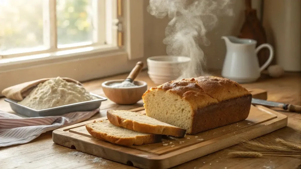 perfect golden-brown gluten-free bread loaf cooling on a wooden cutting board, steam gently rising from a freshly cut slice with visible airy crumb structure