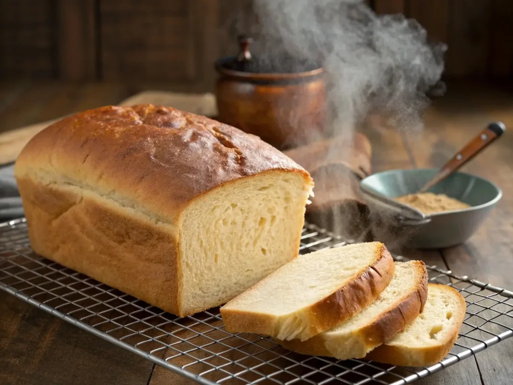Golden-brown gluten-free bread loaf on cooling rack