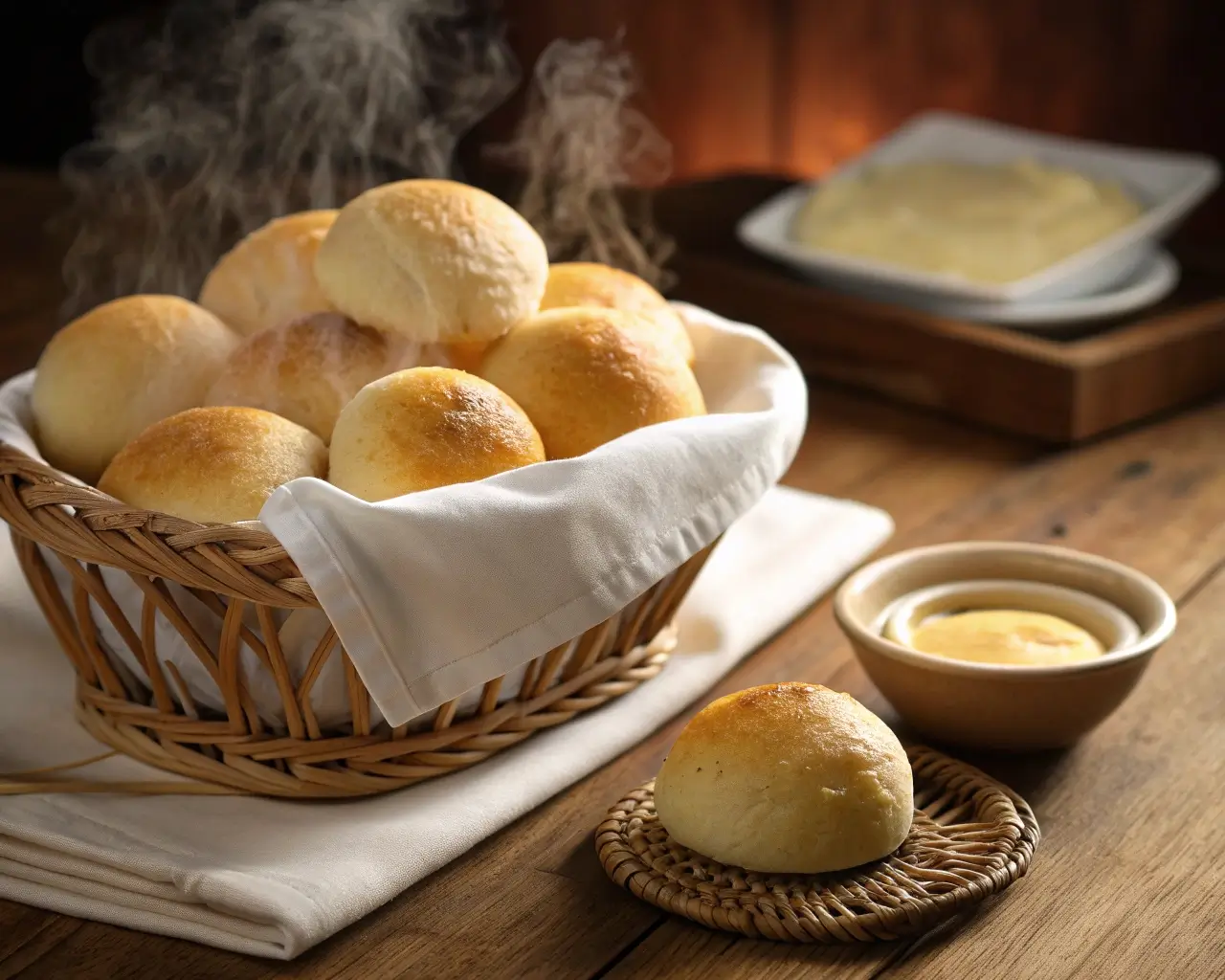 Fresh golden gluten-free dinner rolls in a basket with melted butter, showing soft fluffy texture perfect for bread machine recipe