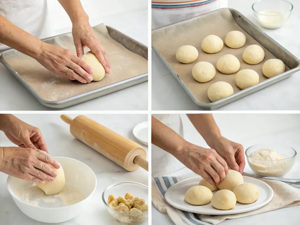 Step-by-step hand demonstration of shaping gluten-free dinner roll dough into perfect smooth balls for baking