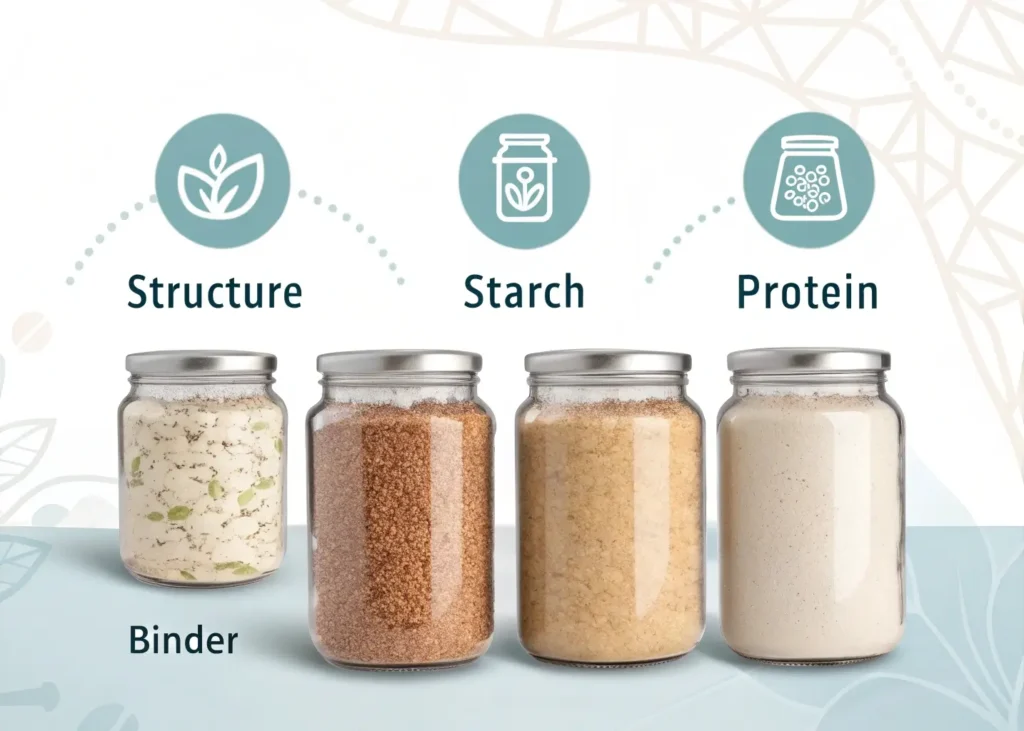 illustration showing four labeled jars: “Structure”, “Starch”, “Protein”, “Binder”, each filled with different gluten-free flours (brown rice, tapioca starch, quinoa flour, psyllium husk)