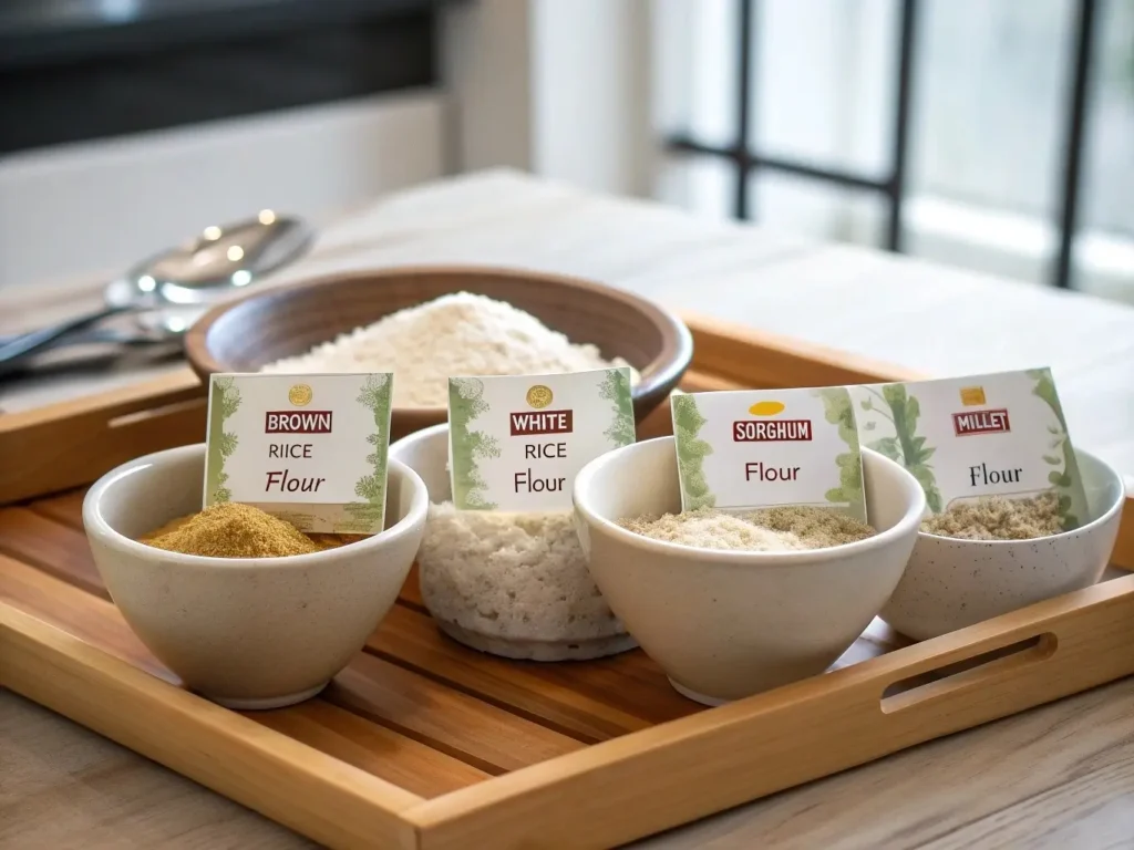 Individual bowls of brown rice flour, white rice flour, sorghum flour, and millet flour arranged neatly on a wooden tray