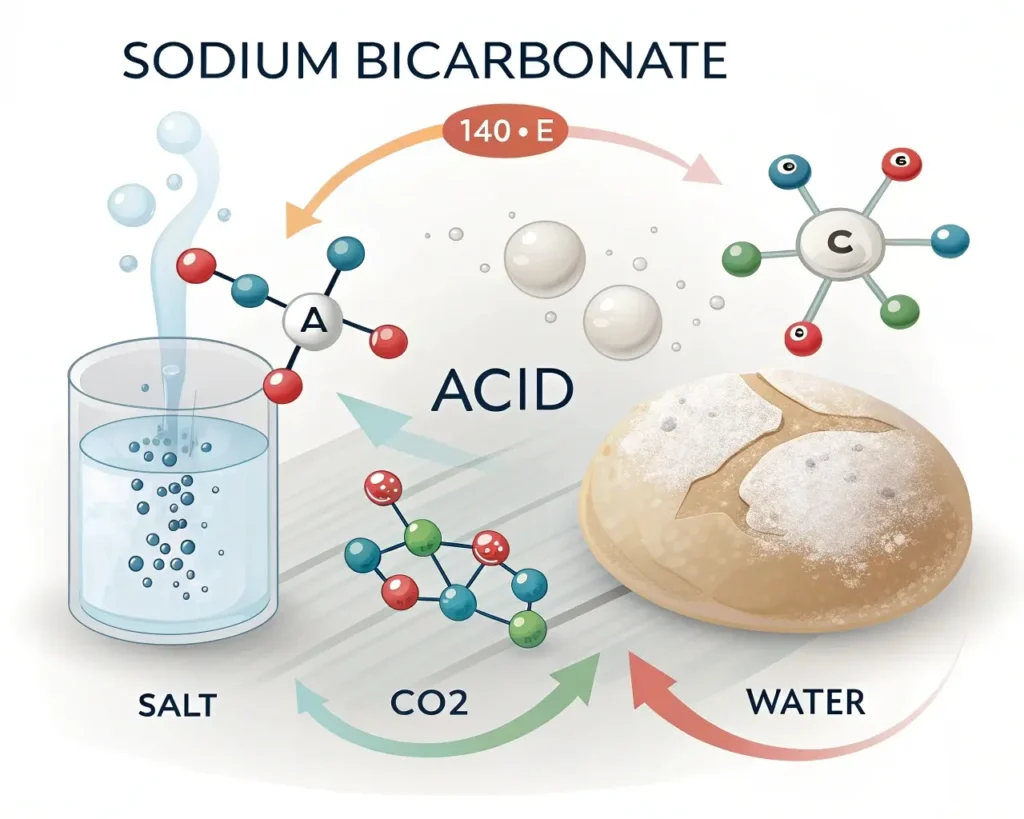 Scientific diagram illustrating chemical leavening reaction: baking soda plus acid produces carbon dioxide gas bubbles at 140°F, creating lift in gluten-free bread dough without yeast fermentation