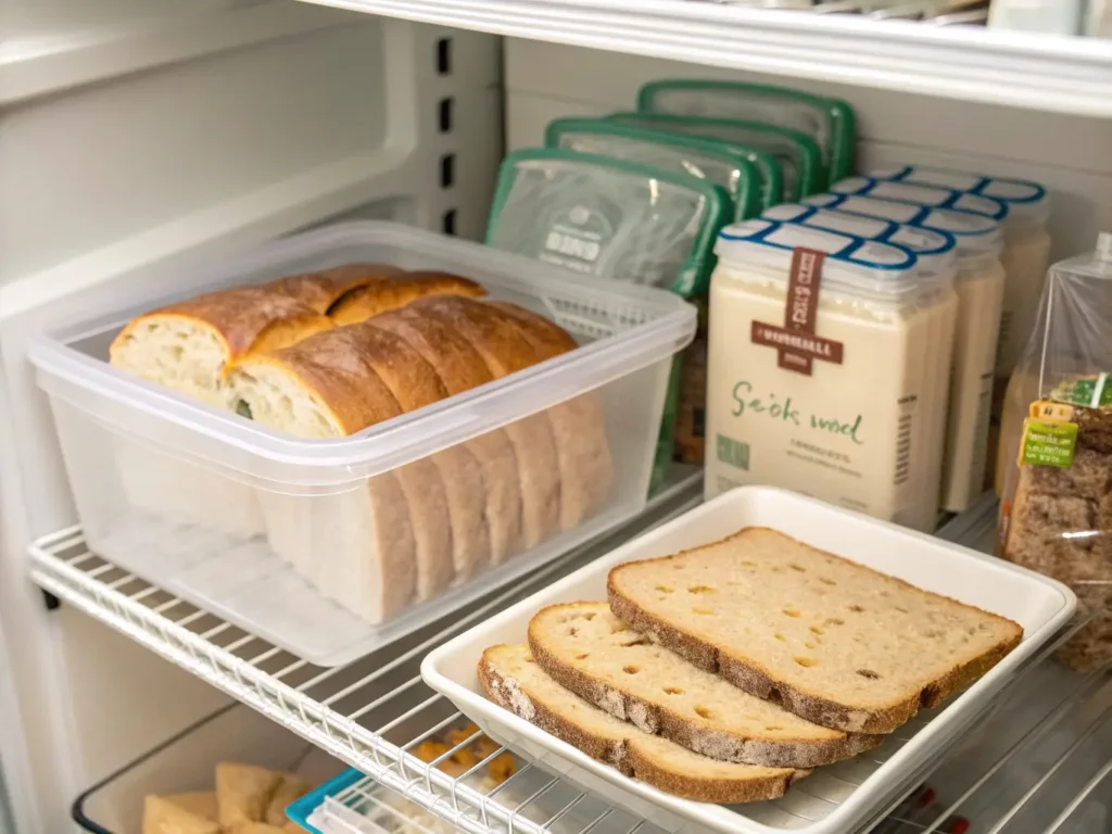 Proper gluten-free bread storage methods including airtight containers, freezer bags with parchment dividers, bread box, and organized pantry shelf.
