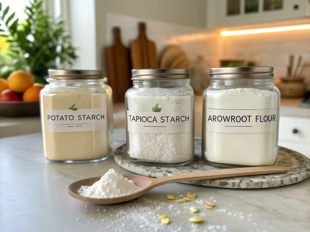 labeled jars of potato starch, tapioca starch, and arrowroot flour on a clean kitchen counter