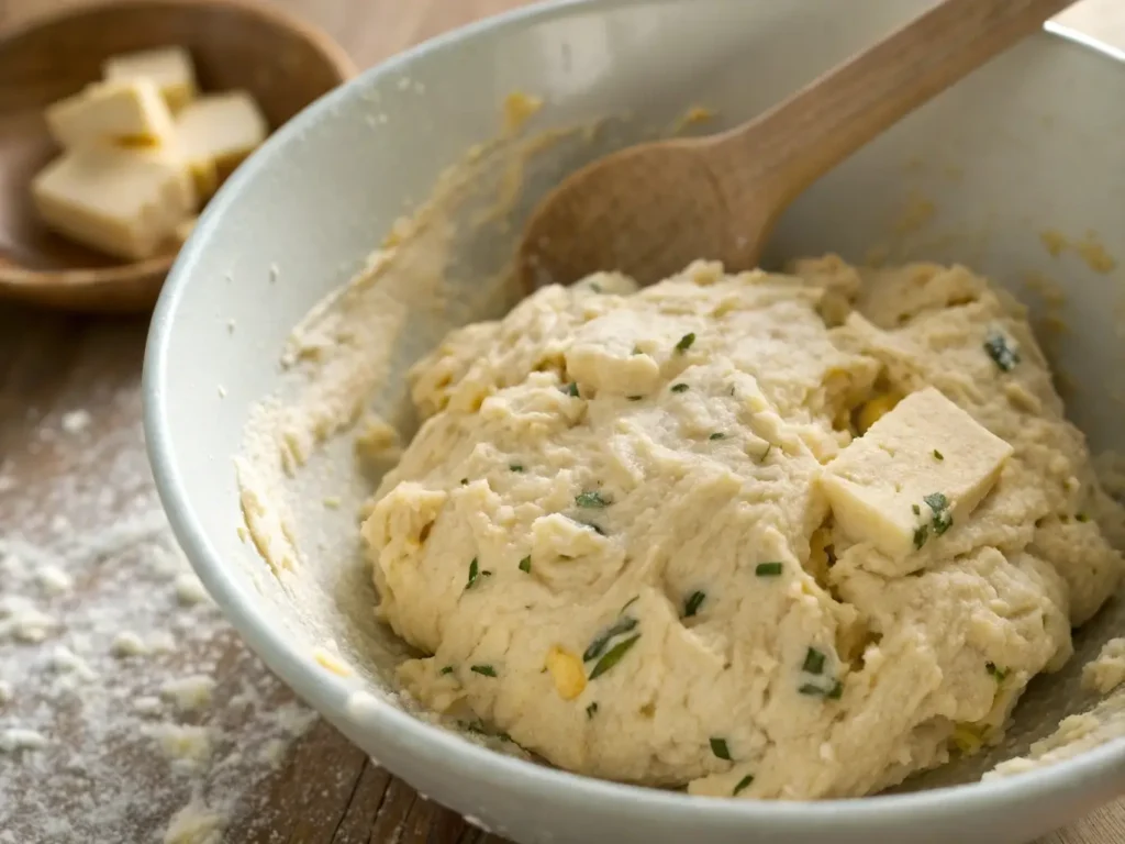 Close-up of gluten-free drop biscuit dough showing proper shaggy texture with visible cheese and herb pieces