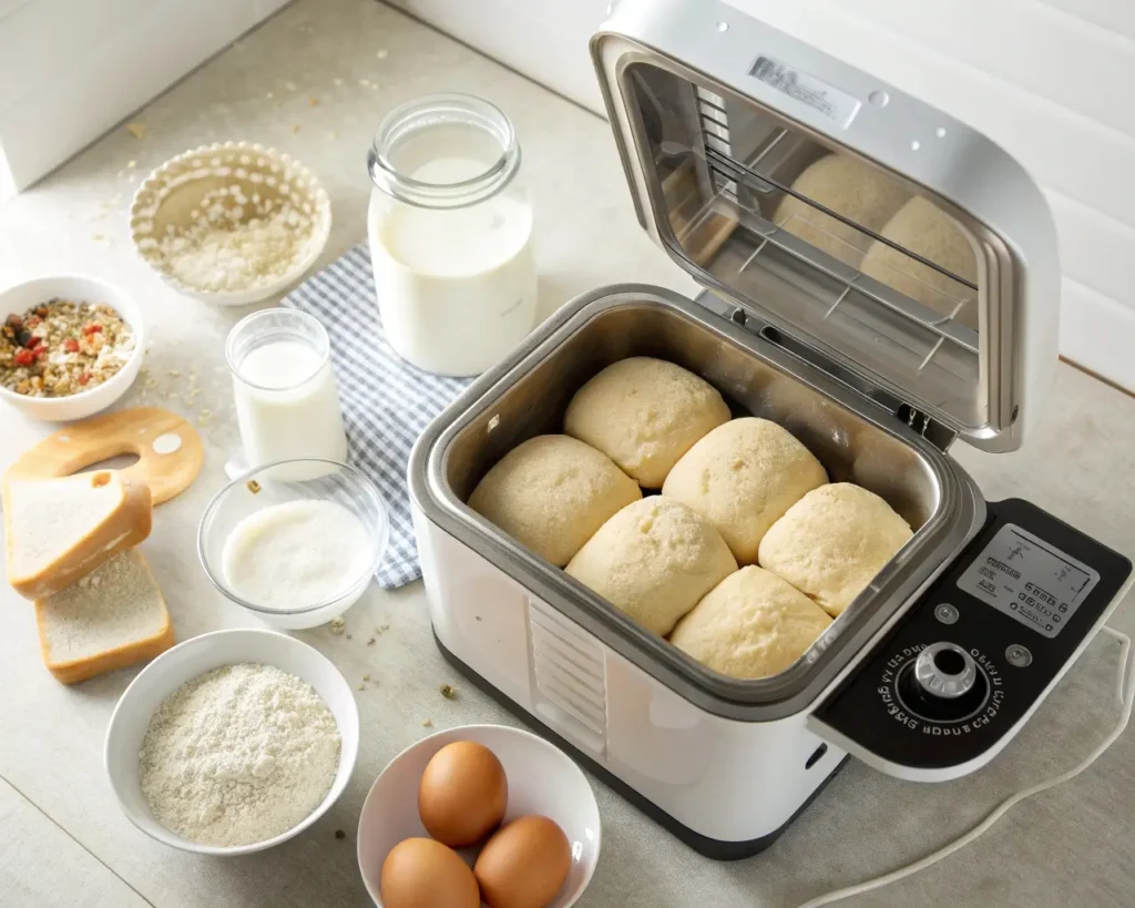 Bread machine with gluten-free dinner roll dough and ingredients arranged for easy recipe following